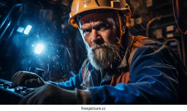 Portrait of a male miner working underground in a mine.