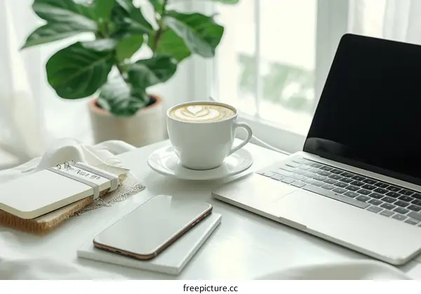 A Workspace with a Laptop, Phone, Coffee, and Plant
