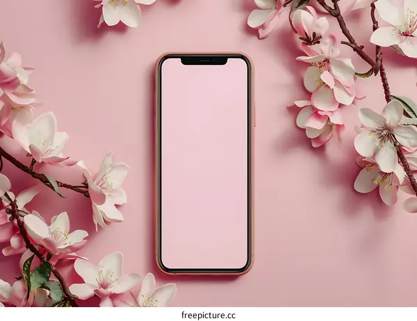 Pink Flowers and a Mobile Phone on a Pink Background
