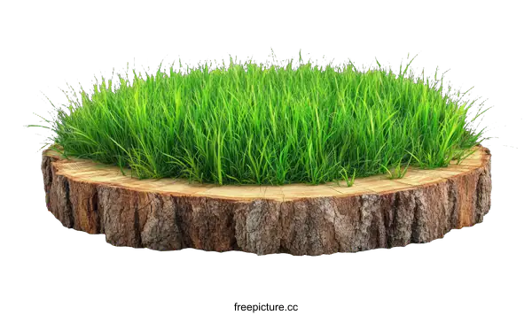 [Transparent Background PNG]Fresh Green Grass on Wooden Tree Stump