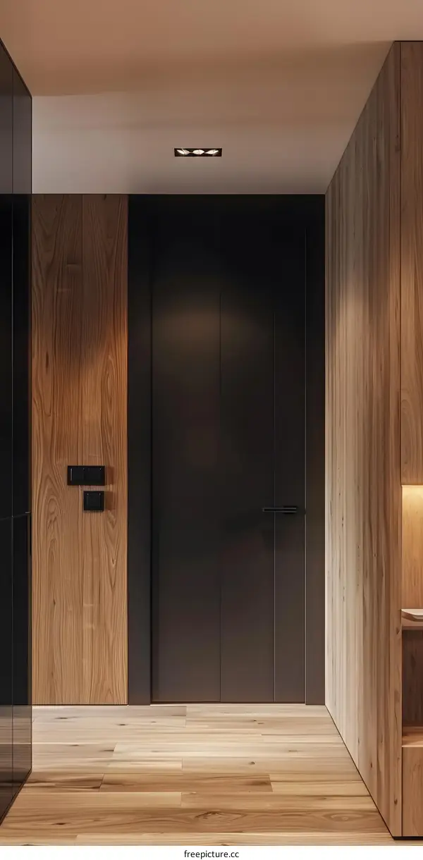 Modern Interior Design with Wooden Walls and Black Doors