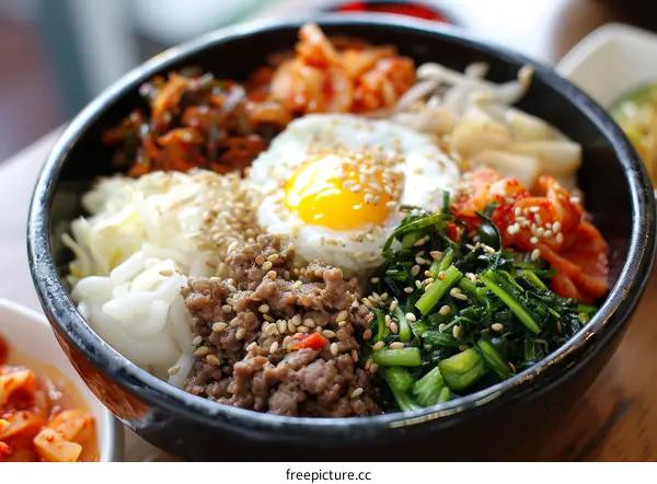 Colorful Korean Bibimbap with Toppings and Fried Egg