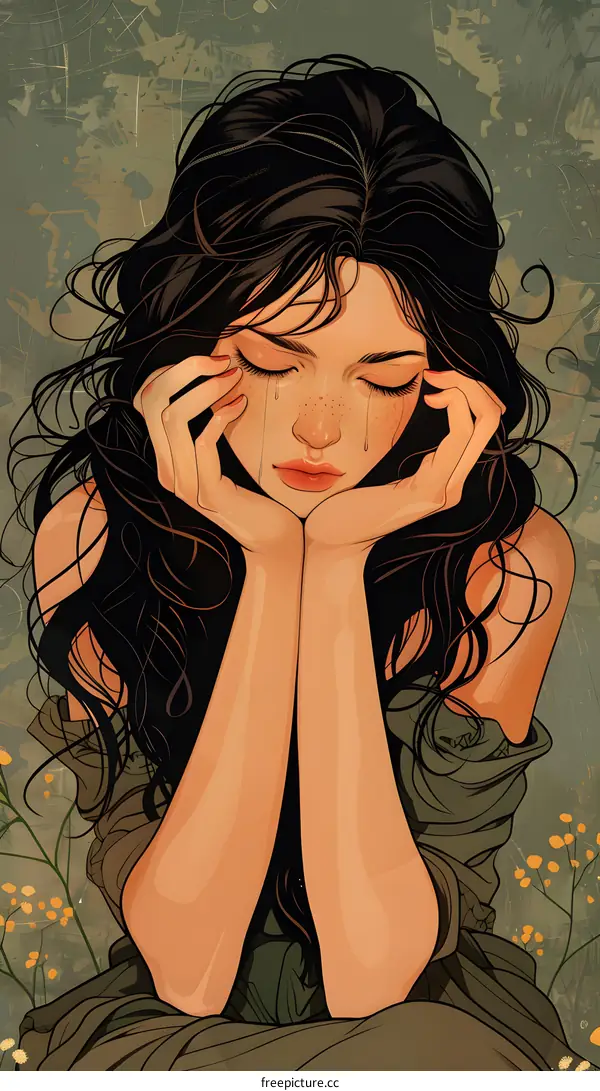 A beautiful girl with long black hair is crying with her hands on her face