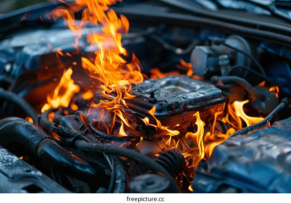Car engine on fire with flames coming out of hood