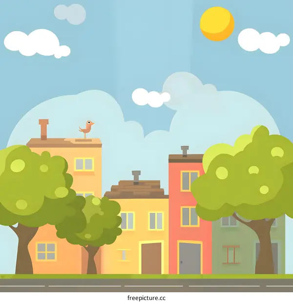 Cartoon Illustration of a Sunny Day in a Small Town