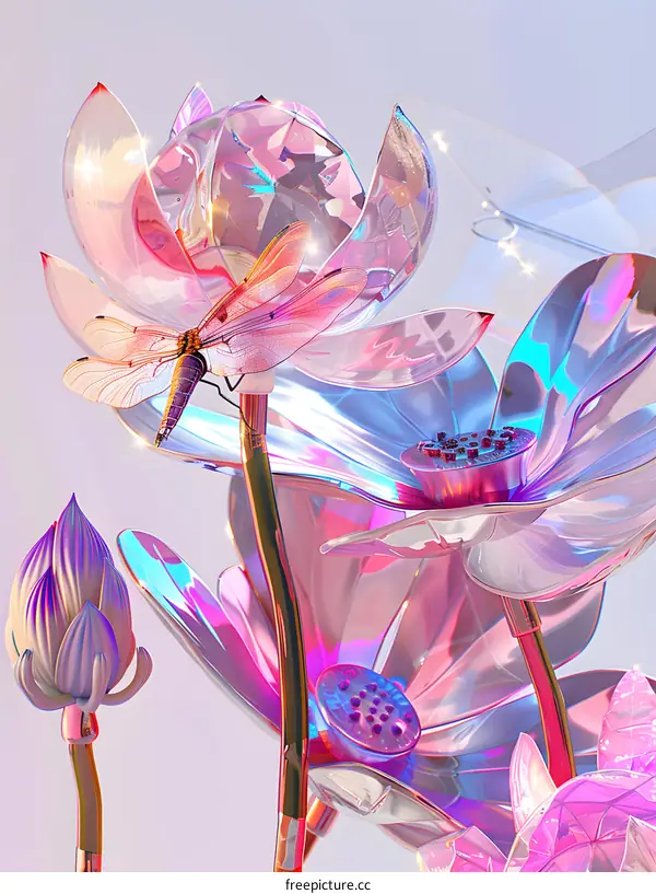 Iridescent Lotus Flowers and Dragonfly