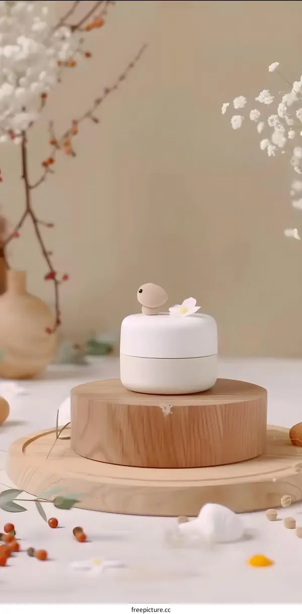 Wooden Bird Decoration with White Flowers