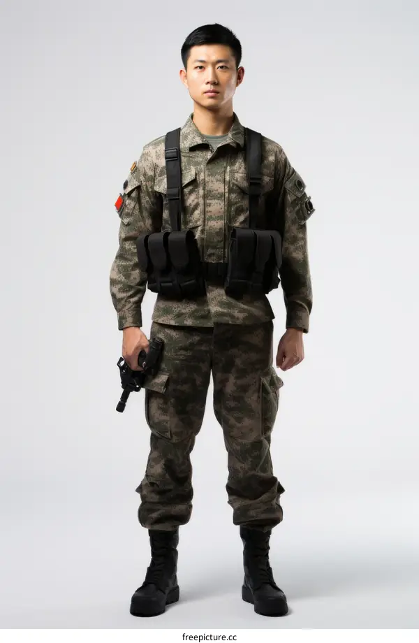 A Chinese soldier in military uniform with a gun