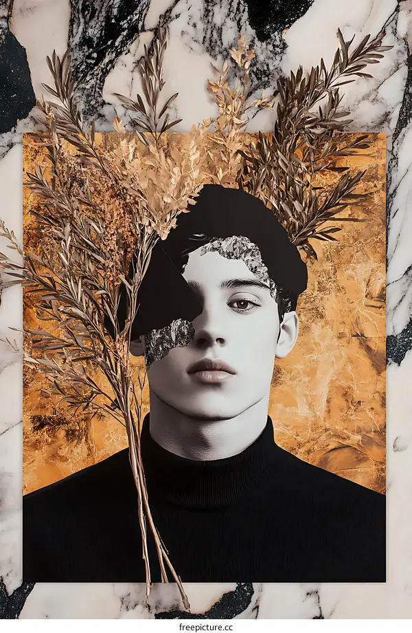 Man with a Collage of Dried Plants and Flowers on his Head