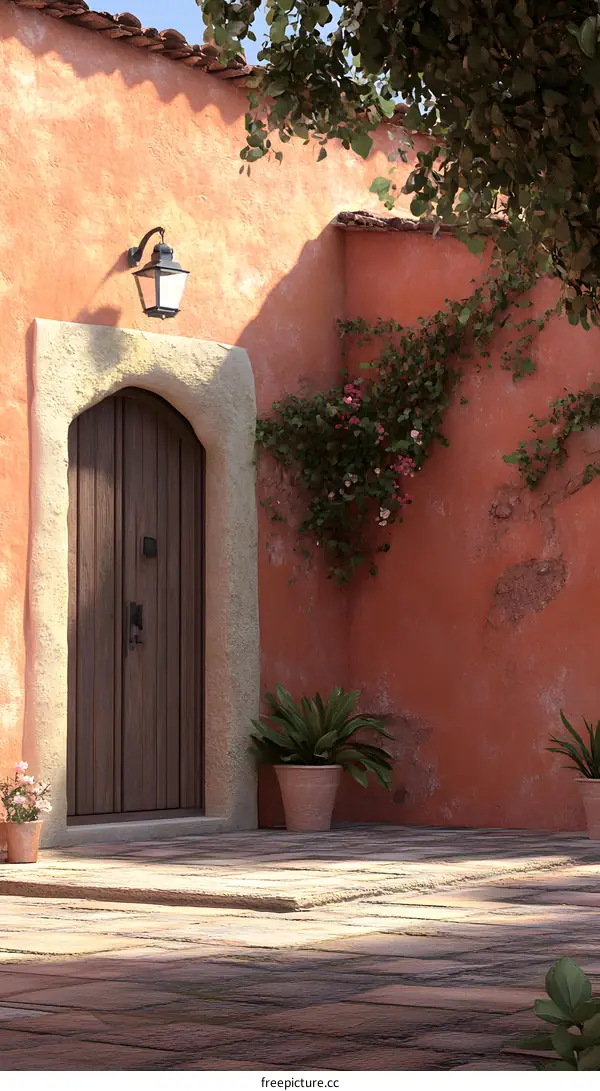 Mediterranean Style House with Wooden Door and Plants