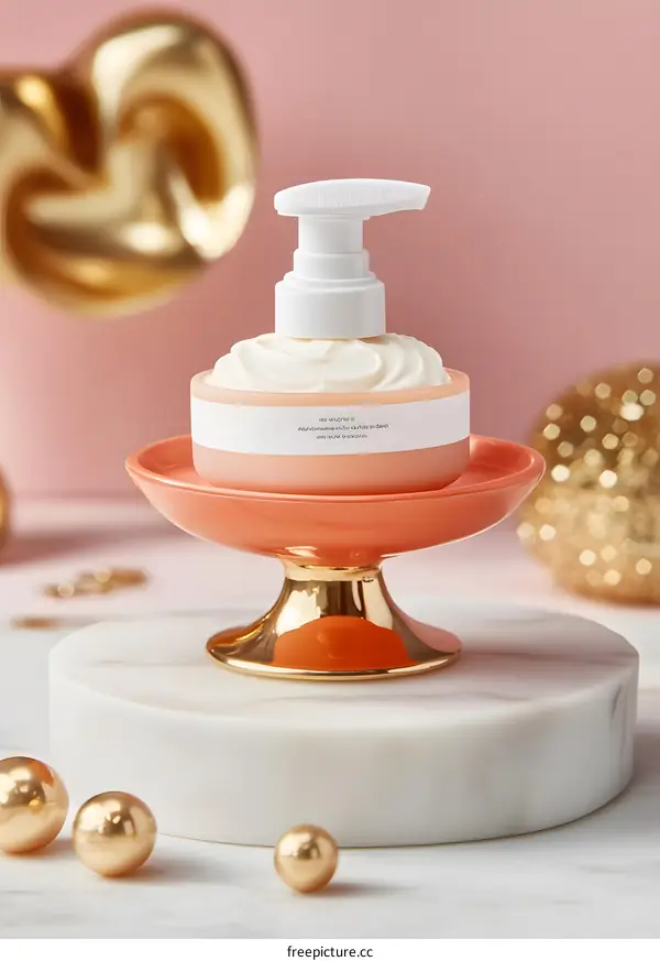 Gold and Pink Cream Bottle Displayed on a Marble Stand