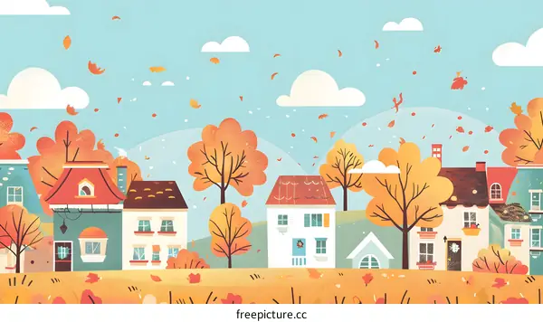 Autumn Village Landscape with Colorful Leaves