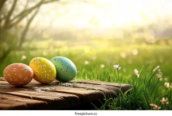 Easter Eggs on Wooden Plank in Spring Garden