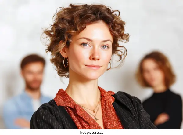 Professional businesswoman with curly hair standing in office