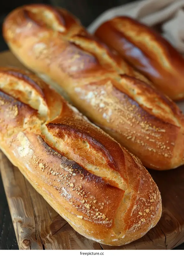 Three loaves of bread on a wooden table