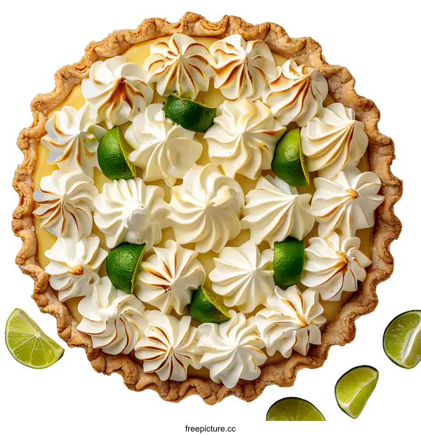 [Transparent Background PNG]Top view of a key lime pie with meringue topping and lime wedges