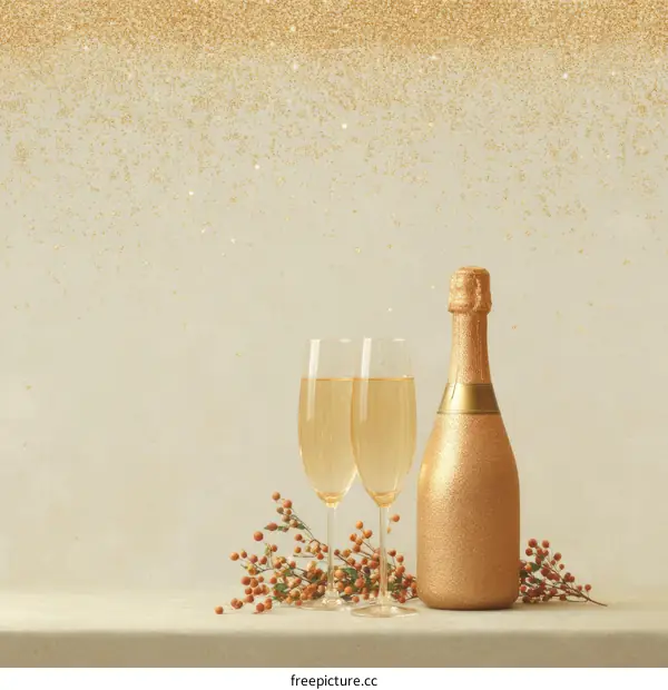 Gold Glitter Champagne Bottle and Glasses for a Festive Celebration
