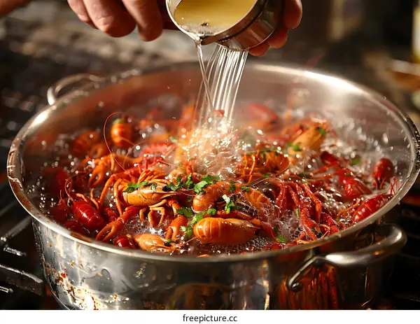 Chef Pouring Water into Pot of Crawfish
