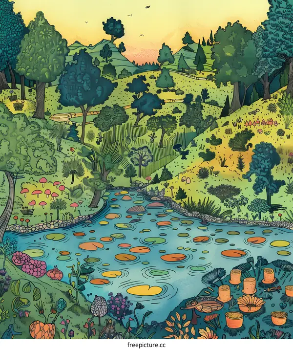 Watercolor Illustration of a Pond in a Forest