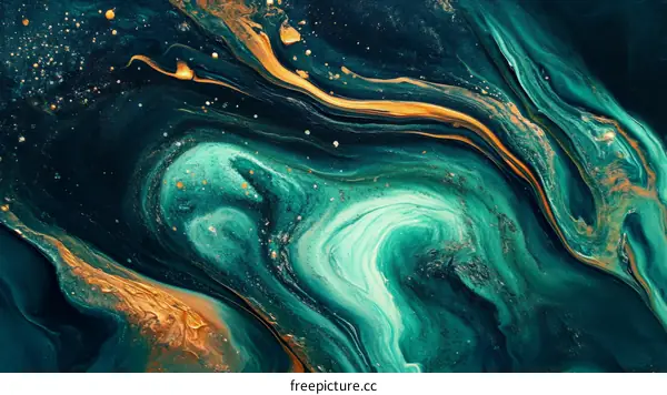 Abstract Marbled Art Design with Teal and Gold