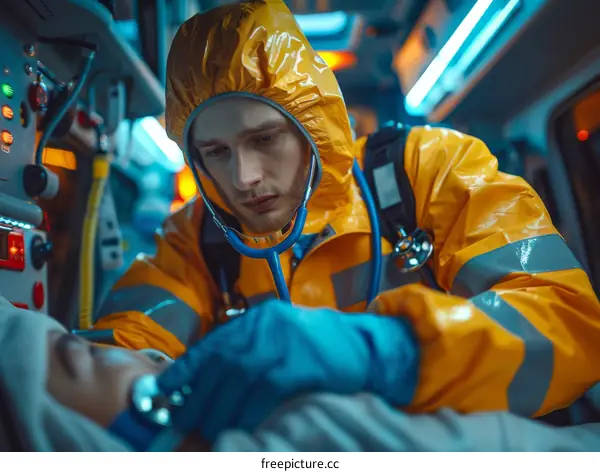 paramedic checking patient vital signs in ambulance