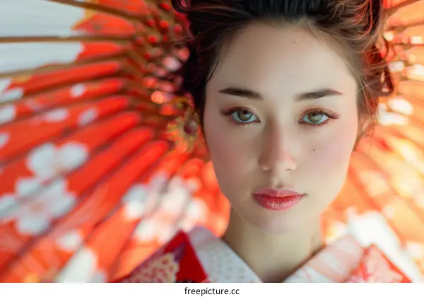 Portrait of a beautiful Japanese woman in traditional kimono with red umbrella