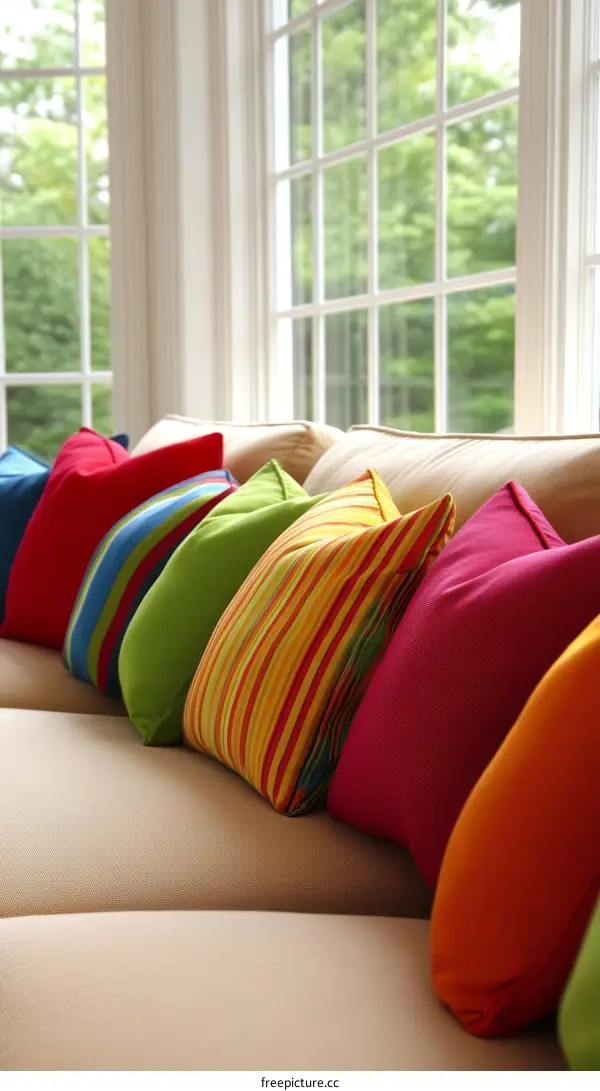 Colorful Throw Pillows on a Sofa by a Window