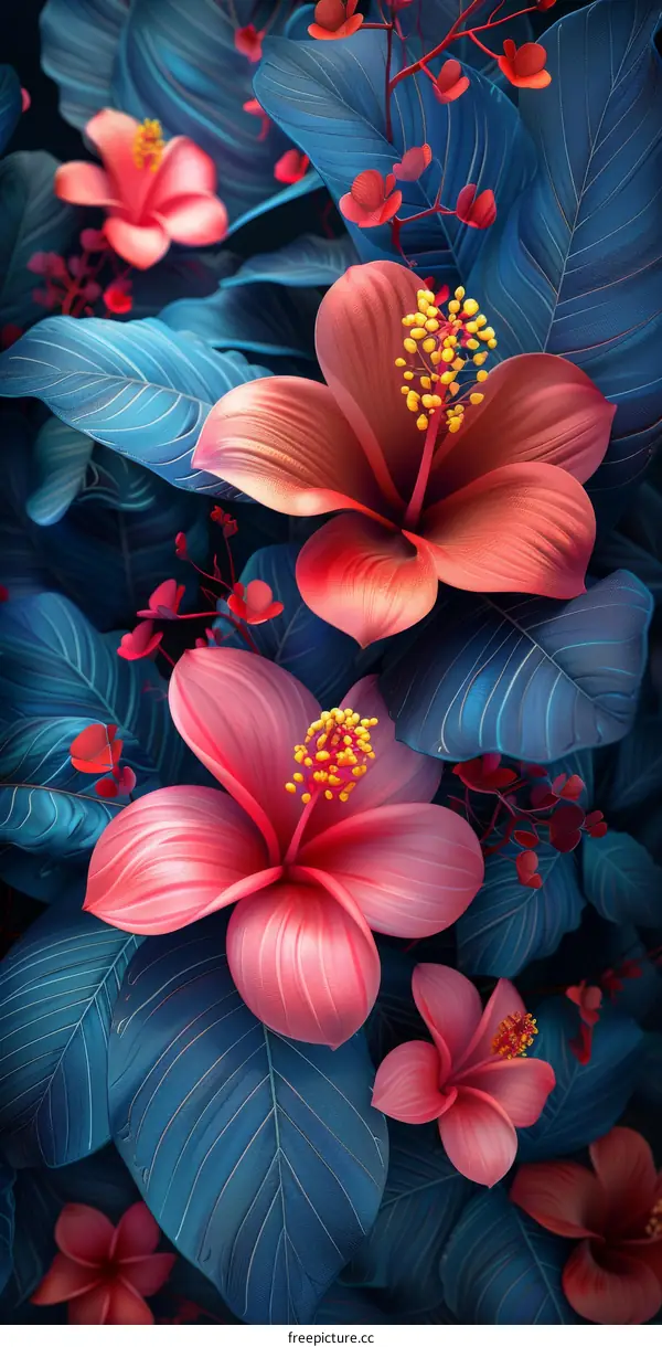 vibrant pink hibiscus flowers with dark blue leaves