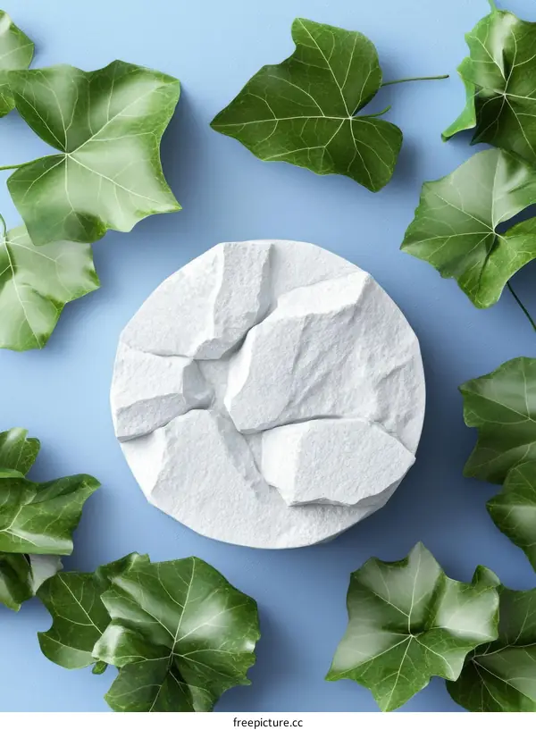 White stone podium with green leaves