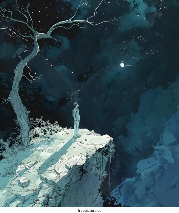 Man Standing On Cliff Looking At The Stars