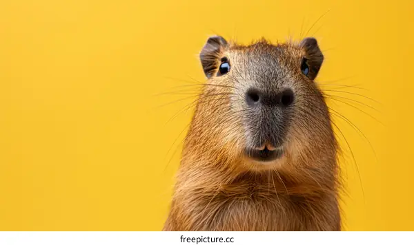 portrait of a cute capybara staring at the camera with a yellow background