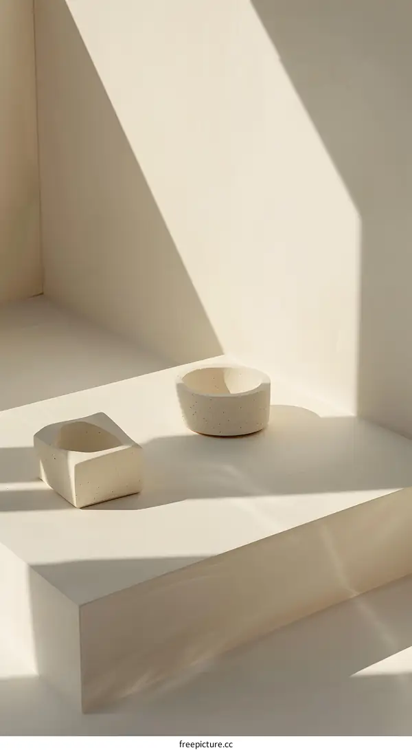 Minimalist White Ceramic Bowl and Pot on White Platform