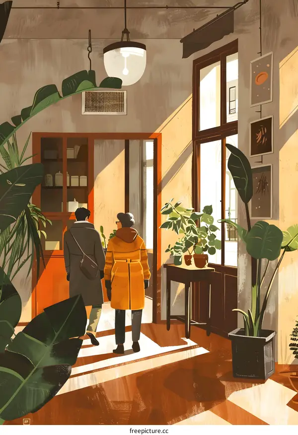 Two People Entering a Sunny Shop with Plants and Artwork