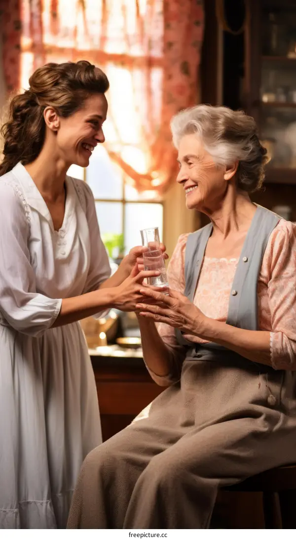 A young woman giving a glass of water to an elderly woman