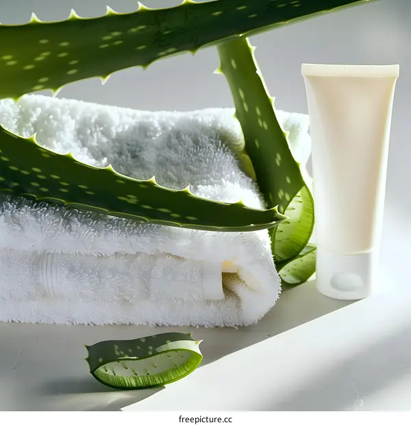 Aloe Vera Plant with White Towel and Cream Tube