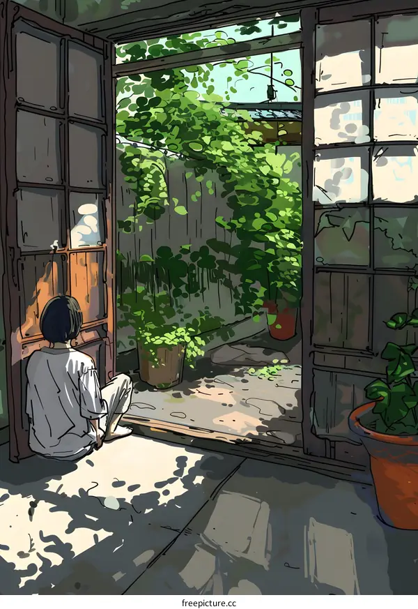 Woman Sitting by Open Doorway Leading to Green Backyard