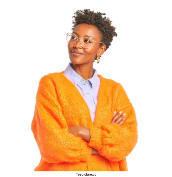 [Transparent Background PNG]Stylish African American Woman in Vibrant Orange Cardigan