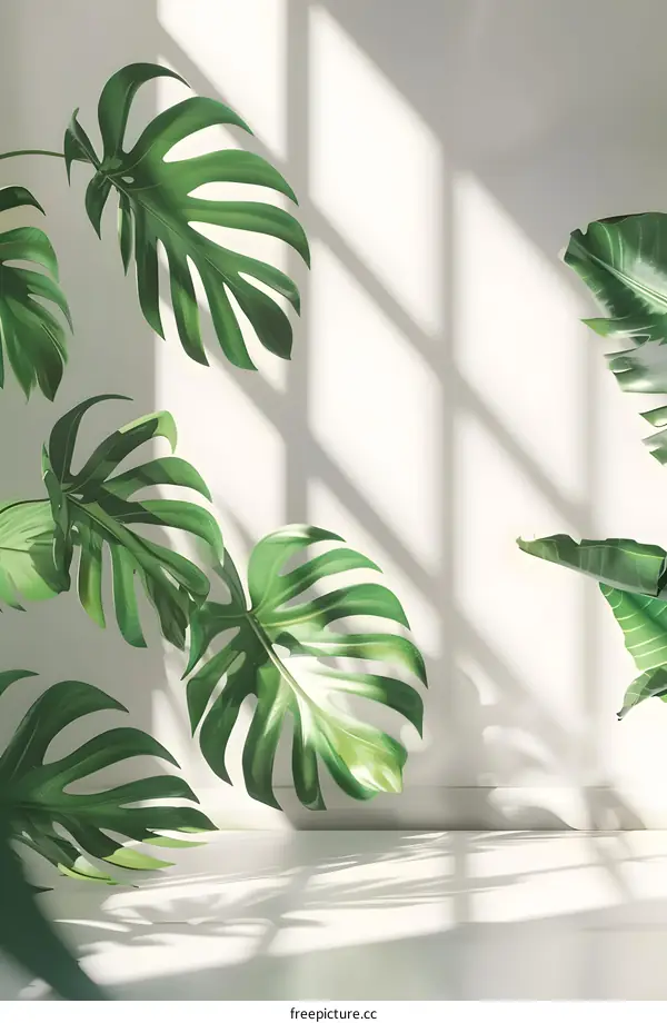 White Background With Green Leaves And Sunlight