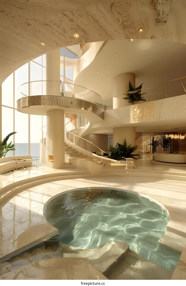 Modern Luxury Interior Design with a Pool and Spiral Staircase