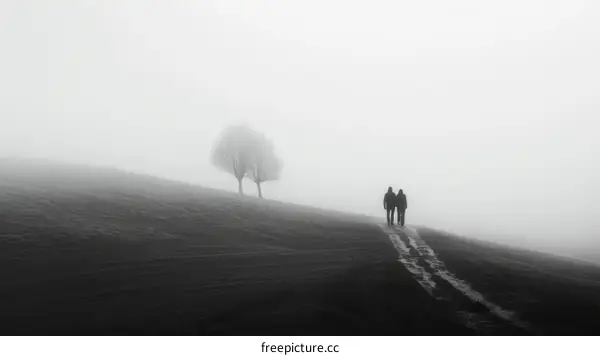Couple walking in the fog on a hill near two trees