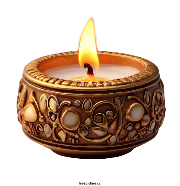 [Transparent Background PNG]Ornate Gold Candle Holder with Burning Candle