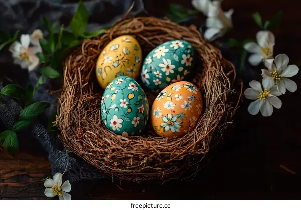 Easter Eggs in a Nest with Flowers