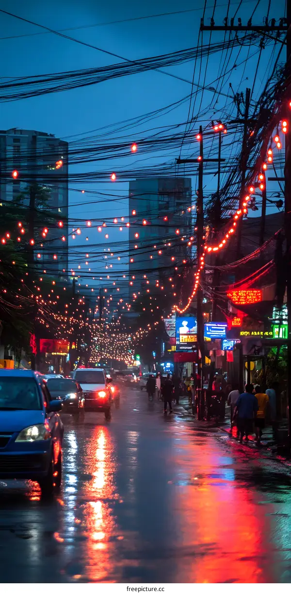 Street Lights Reflecting on Wet Pavement in the City