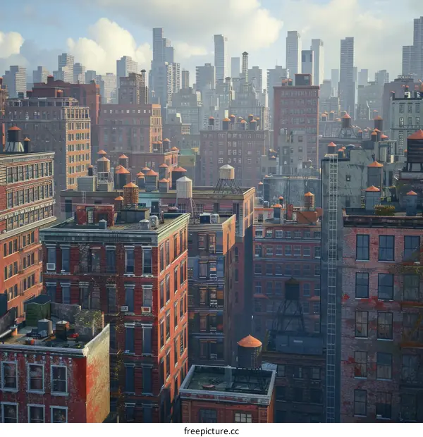 Derelict Cityscape: Brick Buildings and Water Towers