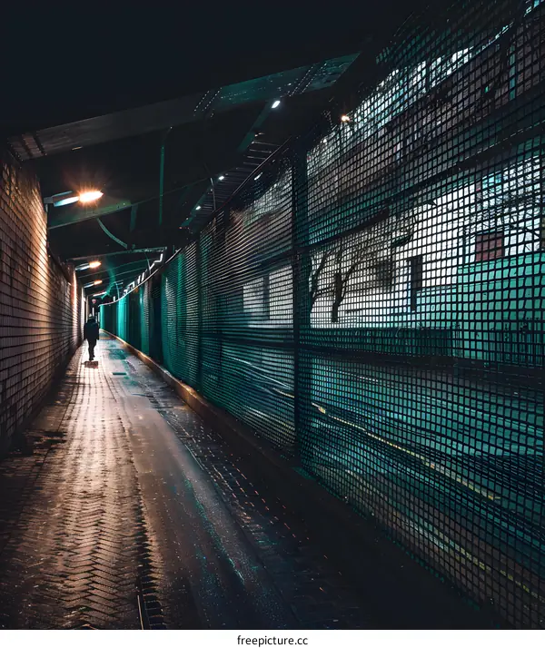 Nighttime Alleyway with Person Walking and Metal Fence