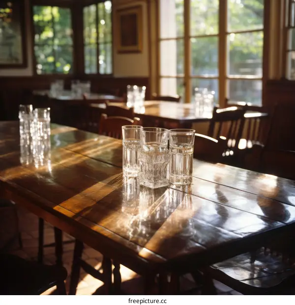 Empty restaurant with glasses on the table