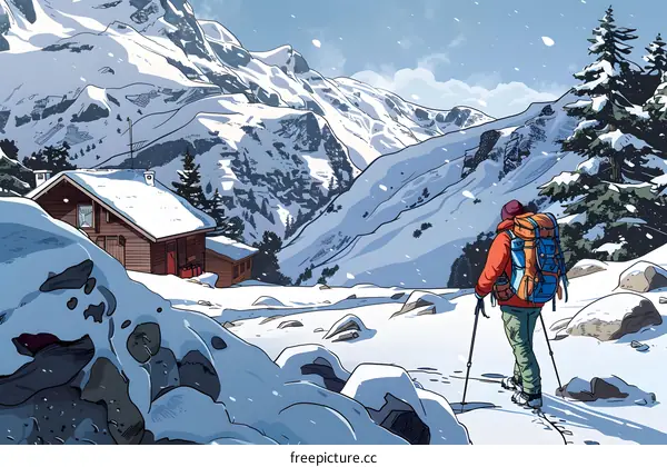 Winter Mountain Scene With a Hiker