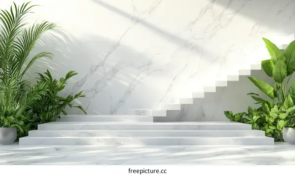 Modern Minimalist Marble Staircase with Plants