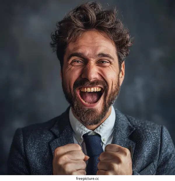 Bearded man in suit celebrating his success
