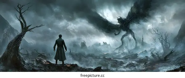 Man Facing A Demon In A Desolate Landscape